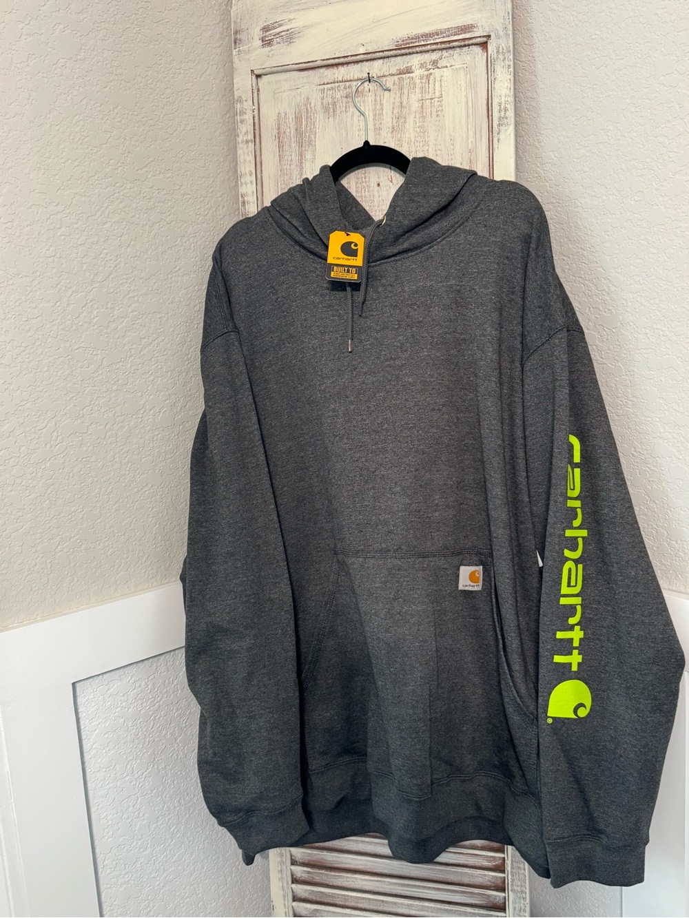 NWT!! Carhartt Men's Heather Gray Pullover Hoodie with Neon Green Sleeve Logo